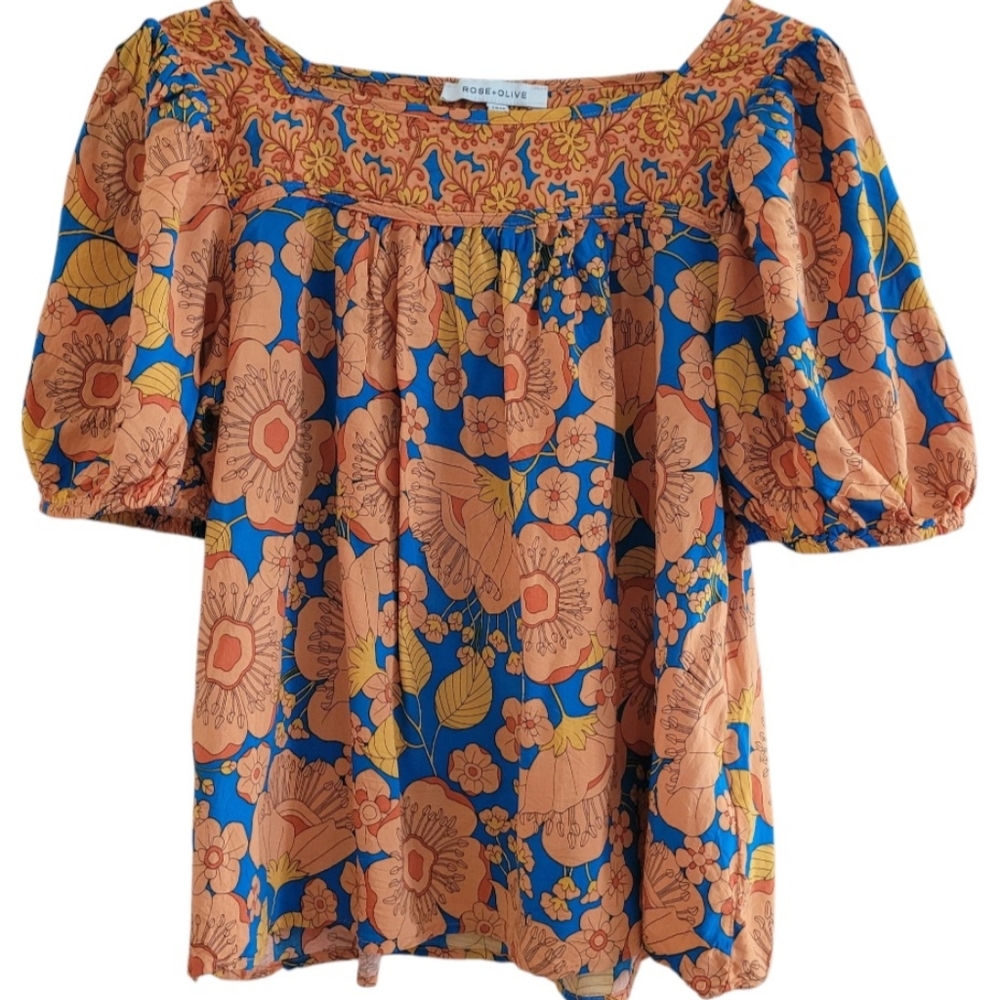 ROSE + OLIVE Floral Women's Top - Blue and Orange Size L